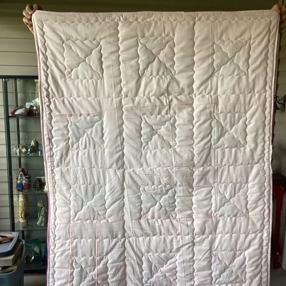 NWT. Hand Crafted Floral Patchwork Quilt with Pink and White Accents